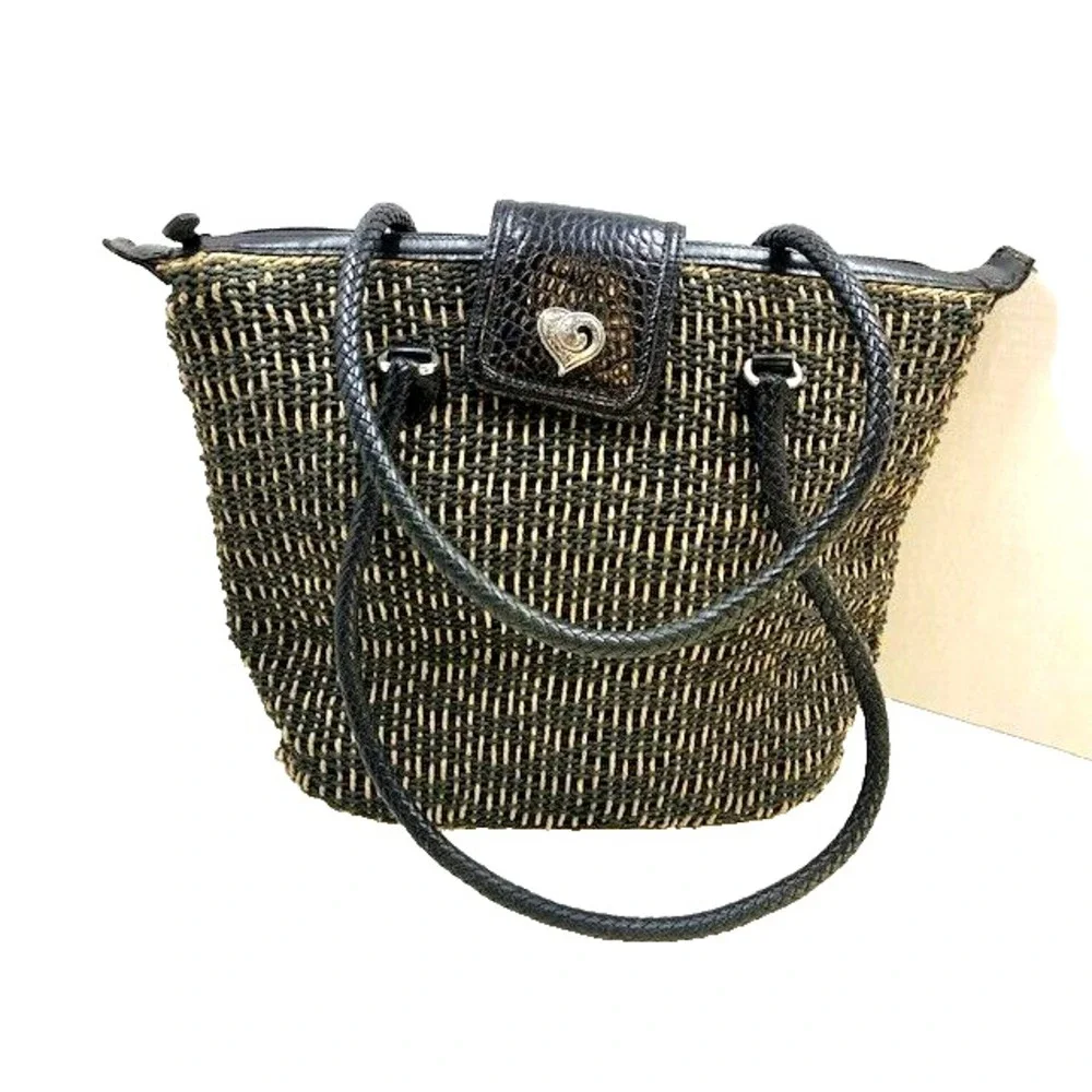 Brighton Women's Woven Black Leather Braided Strap Charm Straw Handbag Purse 14